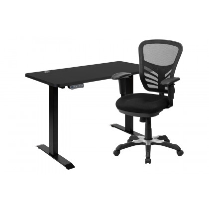 BLNK - Park Wide Black Electric Height Adjustable Standing Desk with Black Mesh Multifunction Executive Swivel Ergonomic Office Chair