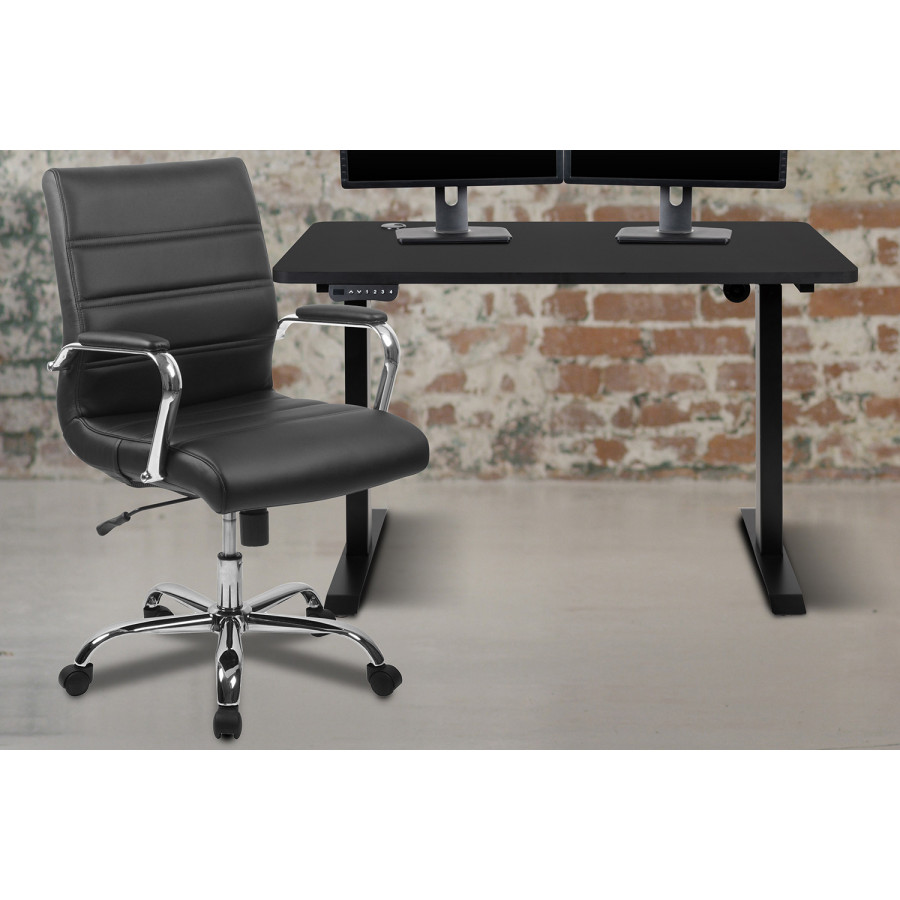 BLNK - Park Wide Black Electric Height Adjustable Standing Desk with Mid-Back Black LeatherSoft and Chrome Executive Swivel Office Chair
