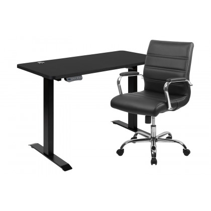 BLNK - Park Wide Black Electric Height Adjustable Standing Desk with Mid-Back Black LeatherSoft and Chrome Executive Swivel Office Chair