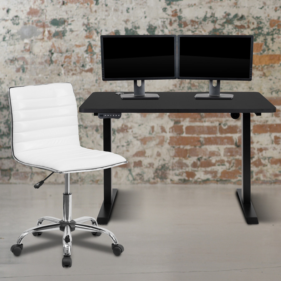 BLNK - Park Wide Black Electric Height Adjustable Standing Desk with Designer Armless White Ribbed Swivel Task Office Chair