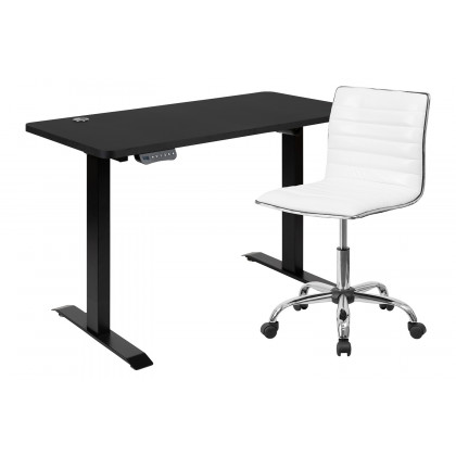 BLNK - Park Wide Black Electric Height Adjustable Standing Desk with Designer Armless White Ribbed Swivel Task Office Chair