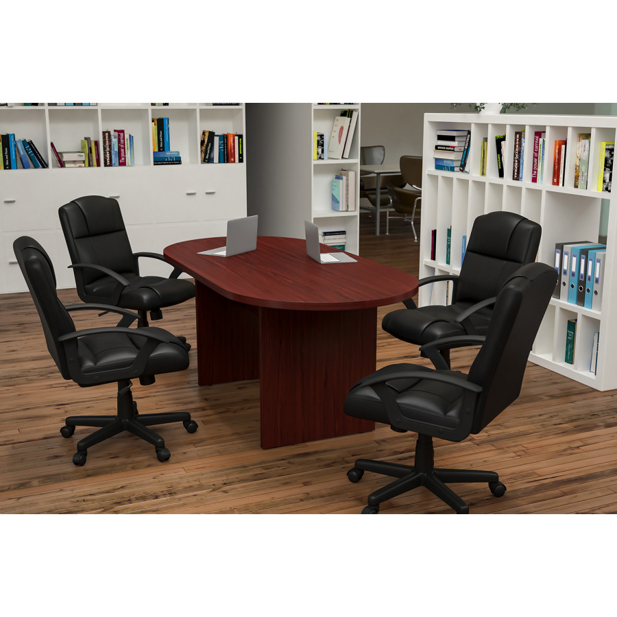BLNK Lark Oval Conference Table Set with 4 Black LeatherSoft-Padded Task Chairs - Mahogany