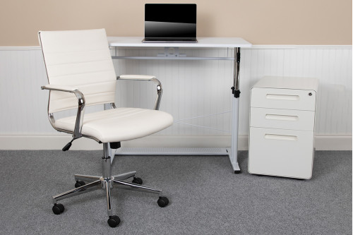 BLNK® Stiles Work From Home Kit with Adjustable Computer Desk, Ergonomic Mesh Office Chair and Locking Mobile Filing Cabinet with Inset Handles - White