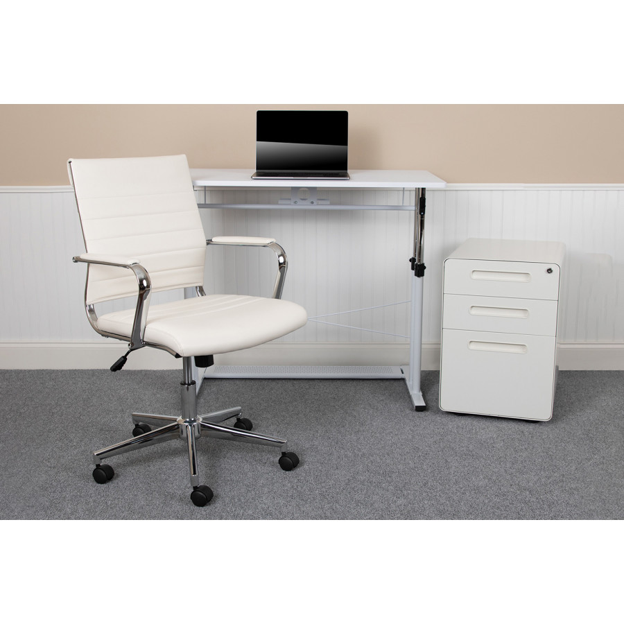BLNK Stiles Work From Home Kit with Adjustable Computer Desk, Ergonomic Mesh Office Chair and Locking Mobile Filing Cabinet with Inset Handles - White