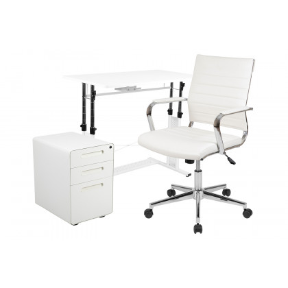 BLNK Stiles Work From Home Kit with Adjustable Computer Desk, Ergonomic Mesh Office Chair and Locking Mobile Filing Cabinet with Inset Handles - White
