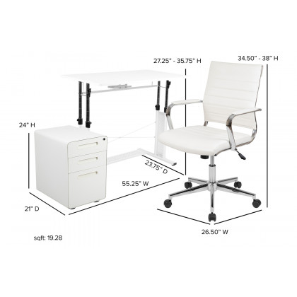 BLNK Stiles Work From Home Kit with Adjustable Computer Desk, Ergonomic Mesh Office Chair and Locking Mobile Filing Cabinet with Inset Handles - White