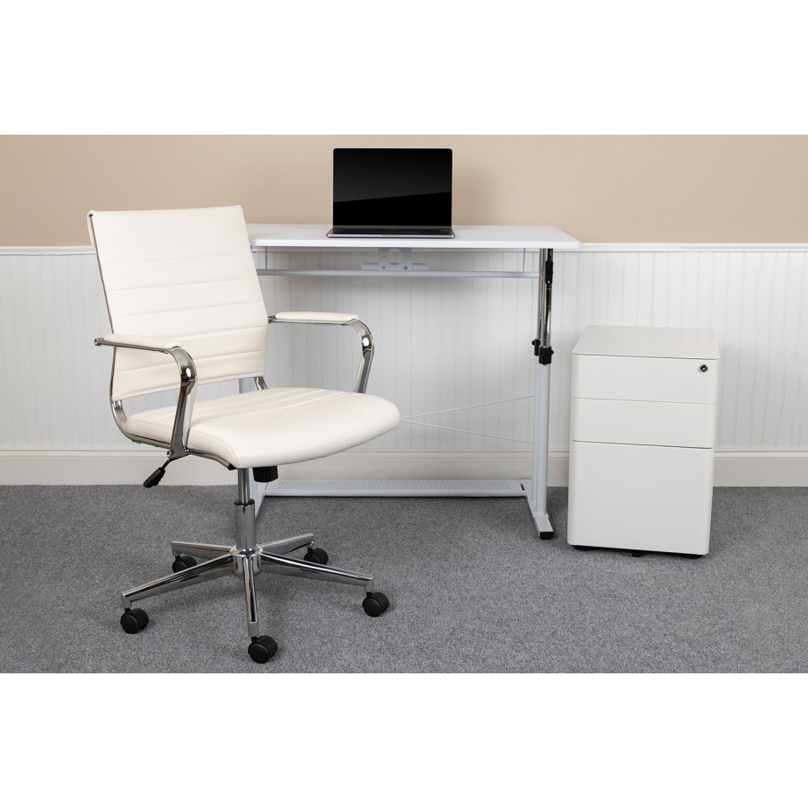 BLNK Stiles Work From Home Kit with Adjustable Computer Desk, Ergonomic Mesh Office Chair and Locking Mobile Filing Cabinet with Side Handles - White