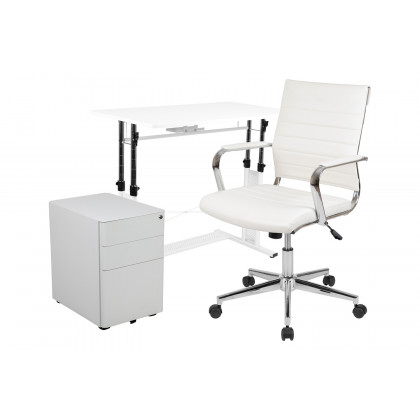 BLNK Stiles Work From Home Kit with Adjustable Computer Desk, Ergonomic Mesh Office Chair and Locking Mobile Filing Cabinet with Side Handles - White