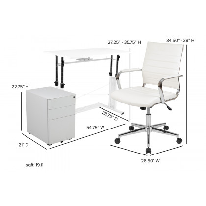 BLNK Stiles Work From Home Kit with Adjustable Computer Desk, Ergonomic Mesh Office Chair and Locking Mobile Filing Cabinet with Side Handles - White