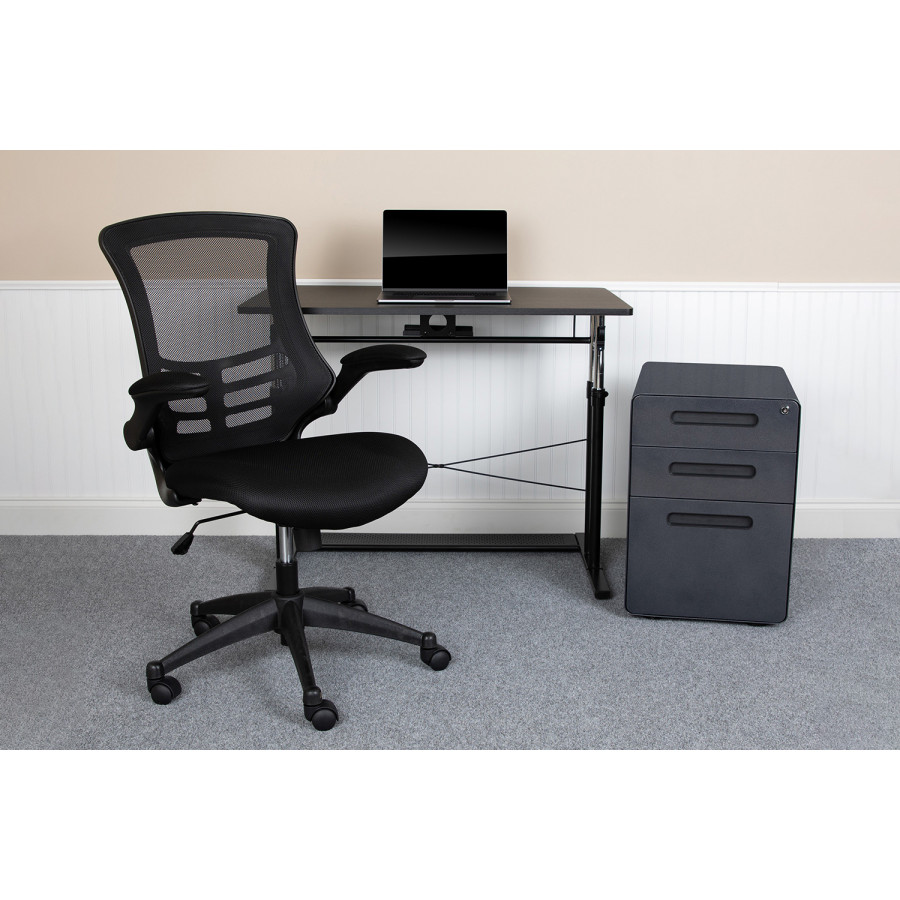 BLNK Stiles Work From Home Kit with Adjustable Computer Desk, Ergonomic Mesh Office Chair and Locking Mobile Filing Cabinet with Inset Handles - Black