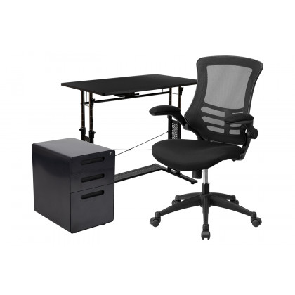 BLNK Stiles Work From Home Kit with Adjustable Computer Desk, Ergonomic Mesh Office Chair and Locking Mobile Filing Cabinet with Inset Handles - Black