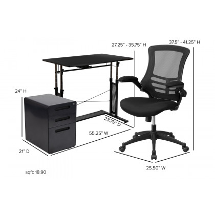 BLNK Stiles Work From Home Kit with Adjustable Computer Desk, Ergonomic Mesh Office Chair and Locking Mobile Filing Cabinet with Inset Handles - Black