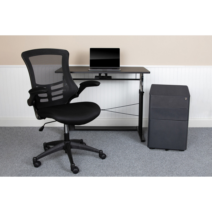 BLNK Stiles Work From Home Kit with Adjustable Computer Desk, Ergonomic Mesh Office Chair and Locking Mobile Filing Cabinet with Side Handles - Black