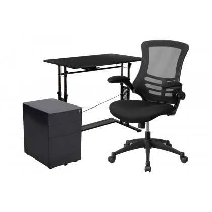 BLNK Stiles Work From Home Kit with Adjustable Computer Desk, Ergonomic Mesh Office Chair and Locking Mobile Filing Cabinet with Side Handles - Black
