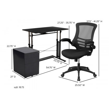 BLNK Stiles Work From Home Kit with Adjustable Computer Desk, Ergonomic Mesh Office Chair and Locking Mobile Filing Cabinet with Side Handles - Black