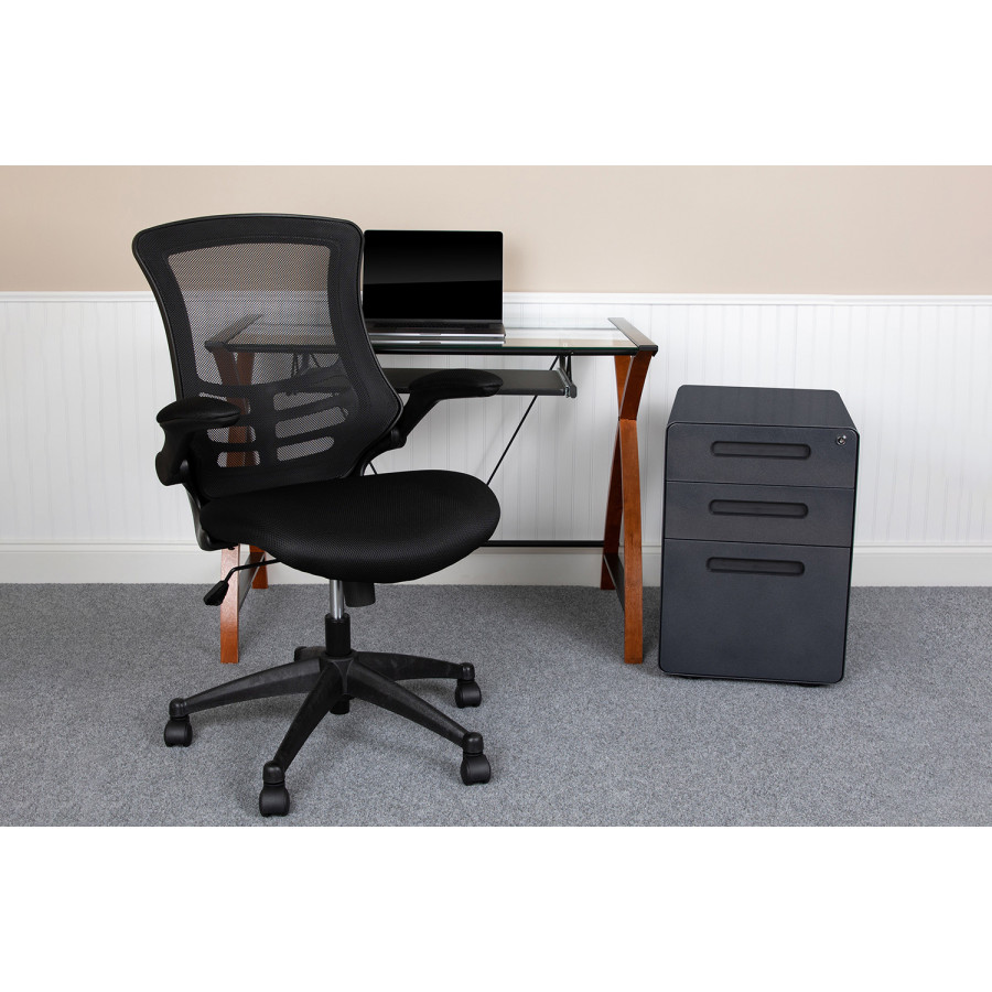 BLNK - Stiles Work From Home Kit with Glass Desk with Keyboard Tray, Ergonomic Mesh Office Chair and Filing Cabinet with Lock and Inset Handles