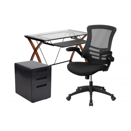 BLNK - Stiles Work From Home Kit with Glass Desk with Keyboard Tray, Ergonomic Mesh Office Chair and Filing Cabinet with Lock and Inset Handles