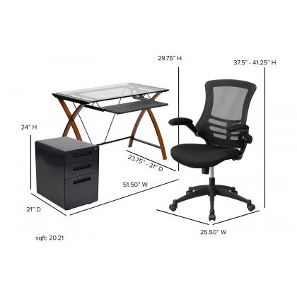 BLNK - Stiles Work From Home Kit with Glass Desk with Keyboard Tray, Ergonomic Mesh Office Chair and Filing Cabinet with Lock and Inset Handles