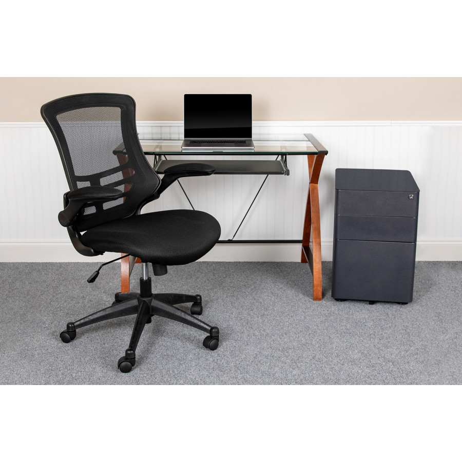 BLNK - Stiles Work From Home Kit with Glass Desk with Keyboard Tray, Ergonomic Mesh Office Chair and Filing Cabinet with Lock and Side Handles