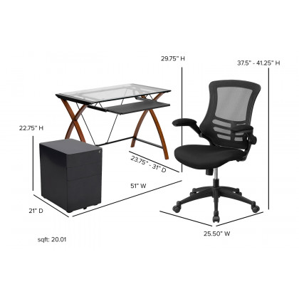 BLNK - Stiles Work From Home Kit with Glass Desk with Keyboard Tray, Ergonomic Mesh Office Chair and Filing Cabinet with Lock and Side Handles