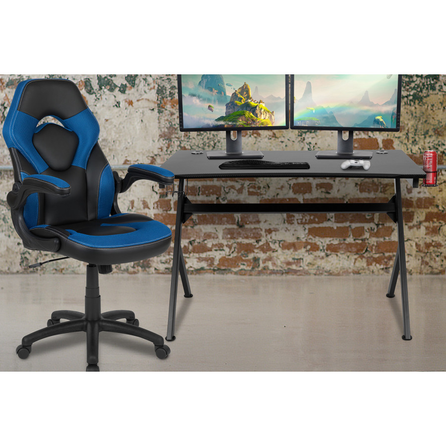 BLNK Optis Black Gaming Desk and Racing Chair Set with Cup Holder, Headphone Hook and 2 Wire Management Holes - Blue