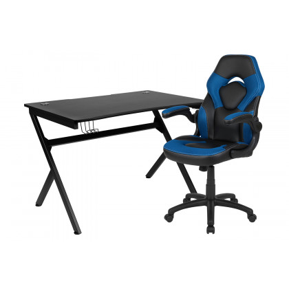 BLNK Optis Black Gaming Desk and Racing Chair Set with Cup Holder, Headphone Hook and 2 Wire Management Holes - Blue