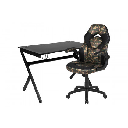BLNK Optis Black Gaming Desk and Racing Chair Set with Cup Holder, Headphone Hook and 2 Wire Management Holes - Camouflage