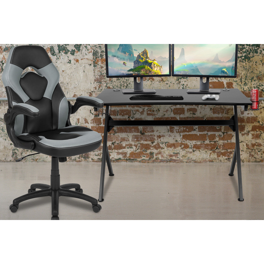 BLNK Optis Black Gaming Desk and Racing Chair Set with Cup Holder, Headphone Hook and 2 Wire Management Holes - Gray