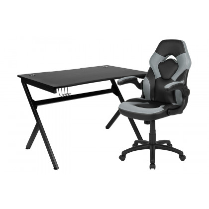 BLNK Optis Black Gaming Desk and Racing Chair Set with Cup Holder, Headphone Hook and 2 Wire Management Holes - Gray