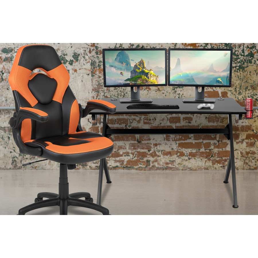 BLNK Optis Black Gaming Desk and Racing Chair Set with Cup Holder, Headphone Hook and 2 Wire Management Holes - Orange