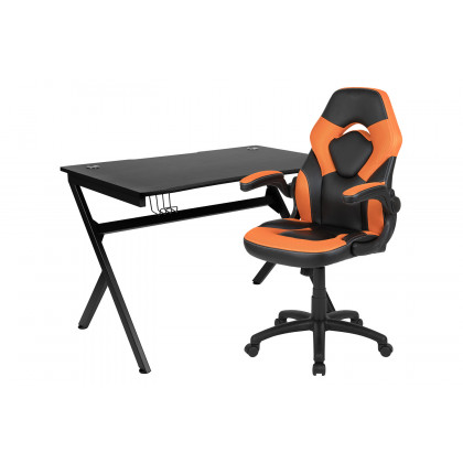 BLNK Optis Black Gaming Desk and Racing Chair Set with Cup Holder, Headphone Hook and 2 Wire Management Holes - Orange
