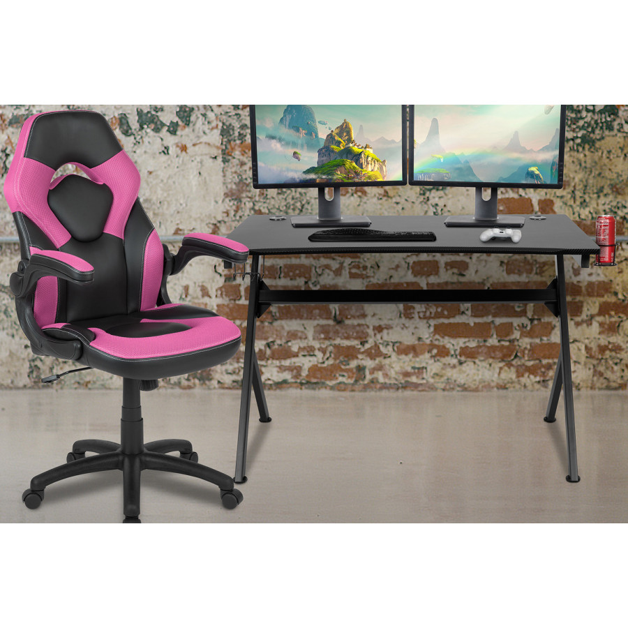 BLNK Optis Black Gaming Desk and Racing Chair Set with Cup Holder, Headphone Hook and 2 Wire Management Holes - Pink