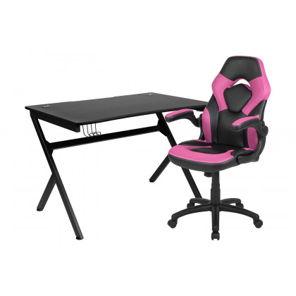 BLNK Optis Black Gaming Desk and Racing Chair Set with Cup Holder, Headphone Hook and 2 Wire Management Holes - Pink