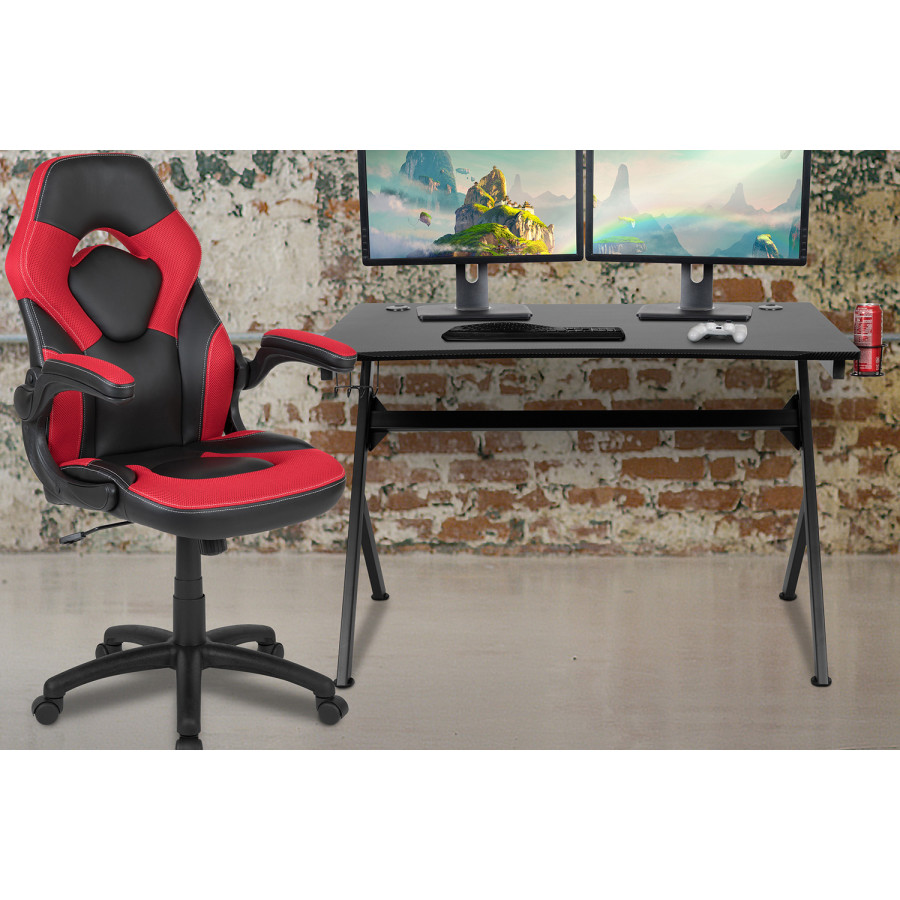 BLNK Optis Black Gaming Desk and Racing Chair Set with Cup Holder, Headphone Hook and 2 Wire Management Holes - Red