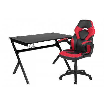 BLNK Optis Black Gaming Desk and Racing Chair Set with Cup Holder, Headphone Hook and 2 Wire Management Holes - Red