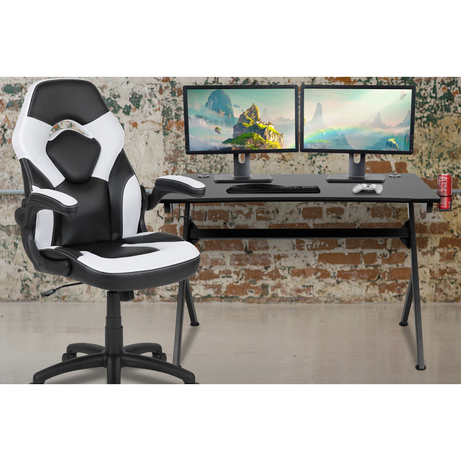 BLNK Optis Black Gaming Desk and Racing Chair Set with Cup Holder, Headphone Hook and 2 Wire Management Holes - White