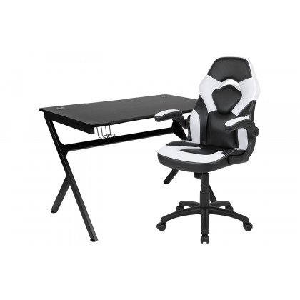 BLNK Optis Black Gaming Desk and Racing Chair Set with Cup Holder, Headphone Hook and 2 Wire Management Holes - White