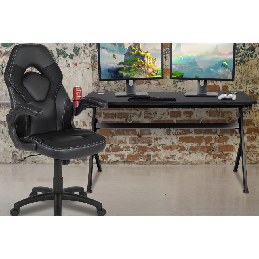 BLNK Optis Gaming Desk and Racing Chair Set with Cup Holder, Headphone Hook, Removable Mouse Pad Top and 2 Wire Management Holes - Black
