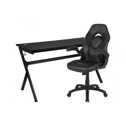 BLNK Optis Gaming Desk and Racing Chair Set with Cup Holder, Headphone Hook, Removable Mouse Pad Top and 2 Wire Management Holes - Black