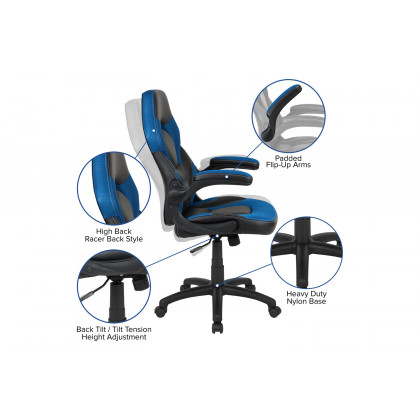 BLNK Optis Gaming Desk and Racing Chair Set with Cup Holder, Headphone Hook, Removable Mouse Pad Top and 2 Wire Management Holes - Blue/Black