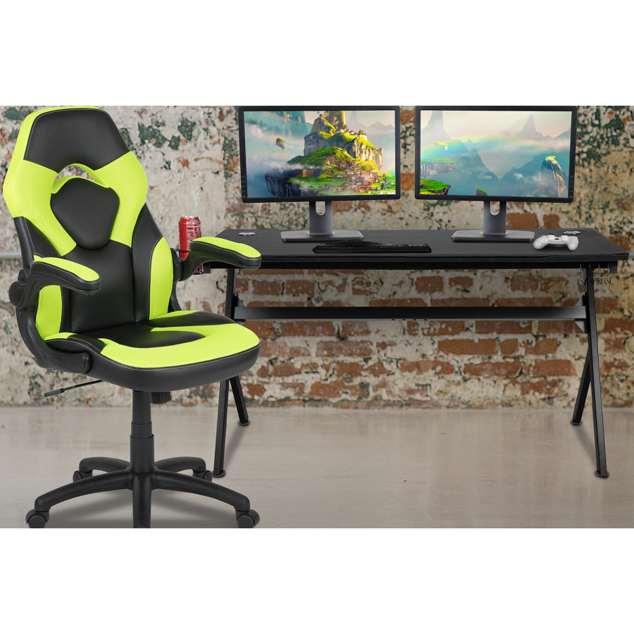 BLNK Optis Gaming Desk and Racing Chair Set with Cup Holder, Headphone Hook, Removable Mouse Pad Top and 2 Wire Management Holes - Green/Black