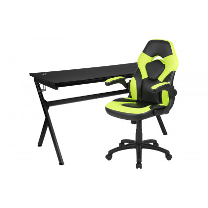 BLNK Optis Gaming Desk and Racing Chair Set with Cup Holder, Headphone Hook, Removable Mouse Pad Top and 2 Wire Management Holes - Green/Black