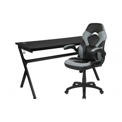 BLNK Optis Gaming Desk and Racing Chair Set with Cup Holder, Headphone Hook, Removable Mouse Pad Top and 2 Wire Management Holes - Gray/Black