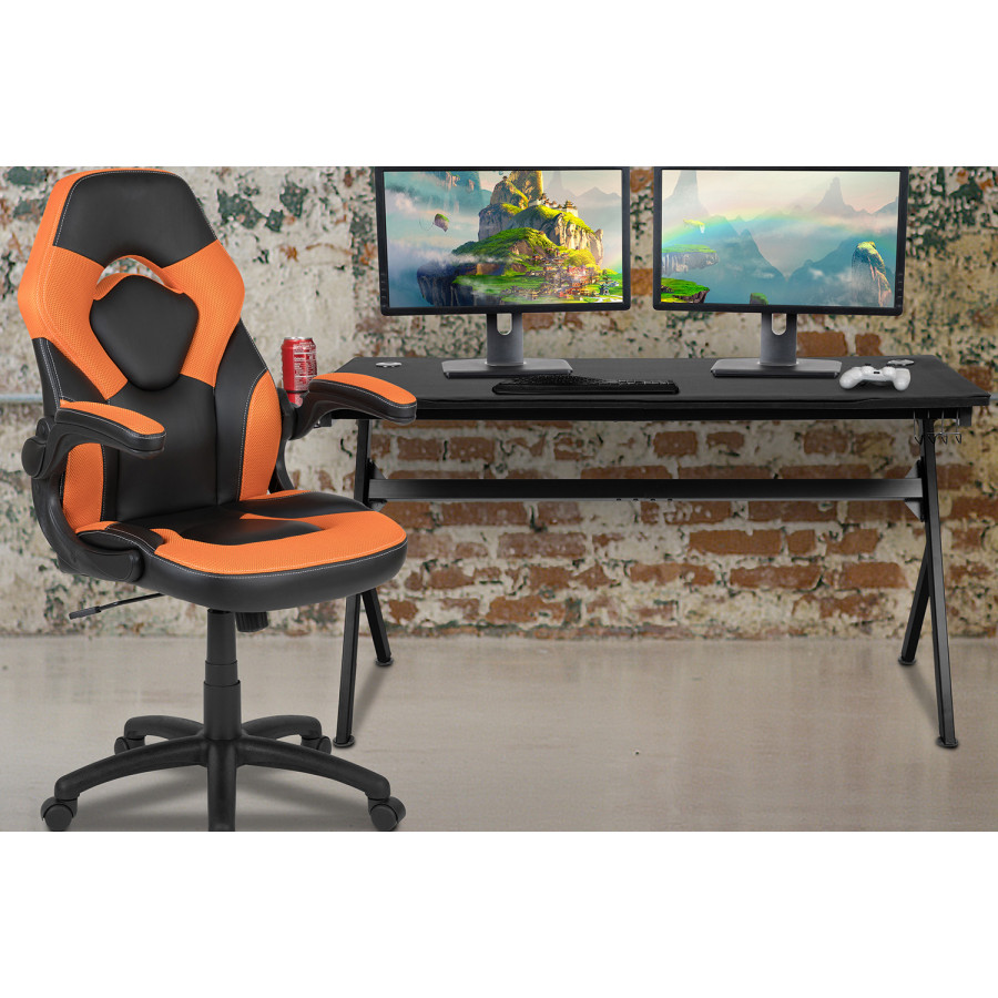 BLNK Optis Gaming Desk and Racing Chair Set with Cup Holder, Headphone Hook, Removable Mouse Pad Top and 2 Wire Management Holes - Orange/Black