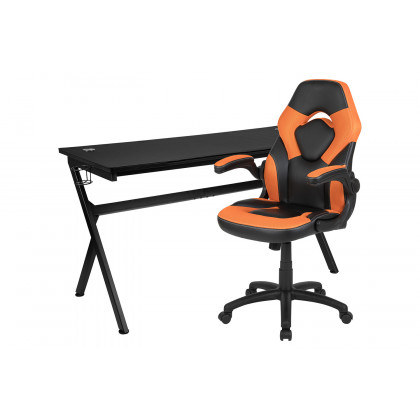 BLNK Optis Gaming Desk and Racing Chair Set with Cup Holder, Headphone Hook, Removable Mouse Pad Top and 2 Wire Management Holes - Orange/Black