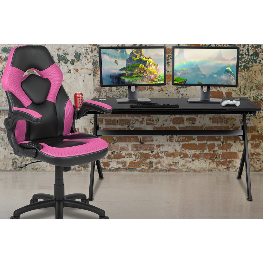 BLNK Optis Gaming Desk and Racing Chair Set with Cup Holder, Headphone Hook, Removable Mouse Pad Top and 2 Wire Management Holes - Pink/Black
