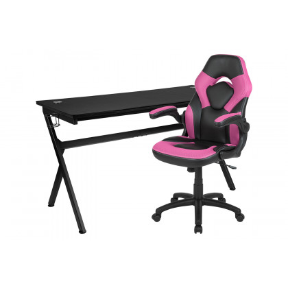 BLNK Optis Gaming Desk and Racing Chair Set with Cup Holder, Headphone Hook, Removable Mouse Pad Top and 2 Wire Management Holes - Pink/Black