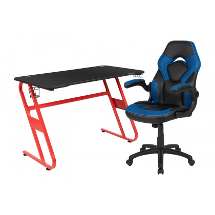 BLNK Optis Red Gaming Desk and Racing Chair Set with Cup Holder and Headphone Hook - Blue/Black