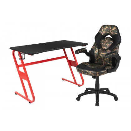 BLNK Optis Red Gaming Desk and Racing Chair Set with Cup Holder and Headphone Hook - Camouflage/Black