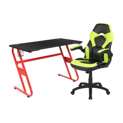 BLNK Optis Red Gaming Desk and Racing Chair Set with Cup Holder and Headphone Hook - Green/Black
